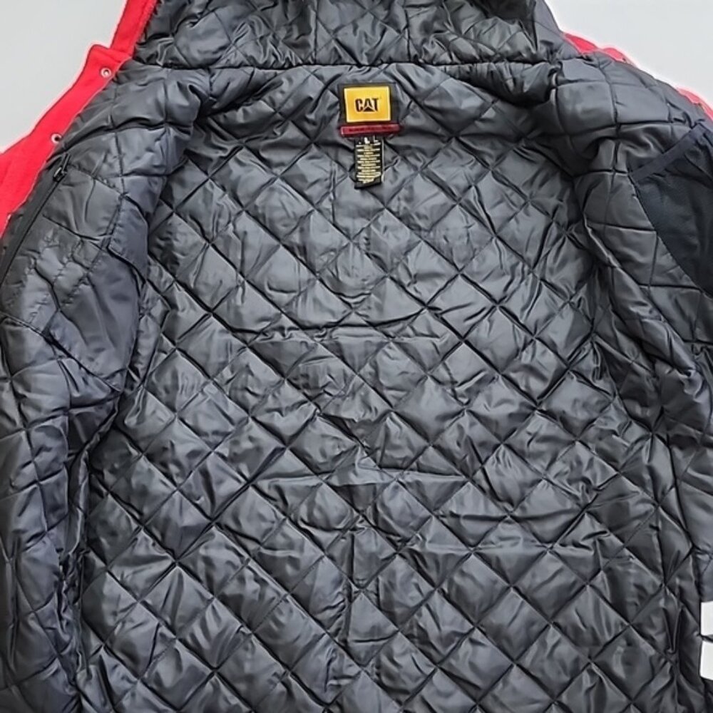 CAT Men's Red Fleece Hooded Button Up Jacket Quilted Insulated Lining Size Large - Picture 8 of 16